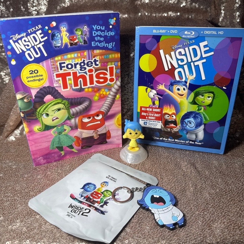 Disney Pixar Inside Out Blu-ray DVD Book Joy Figure Sadness Keychain Bundle